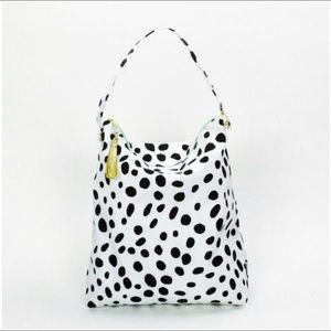 Logan & Lenora Waterproof Hobo Bag Dalmatian Print Gold Tassel Teal Zipper